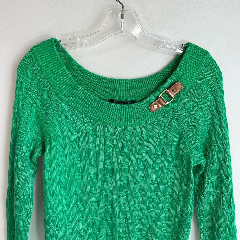 Lauren Ralph Lauren Cable Knit Round Neck 3/4 Sleeve Sweater Green Size Small - Picture 2 of 7
